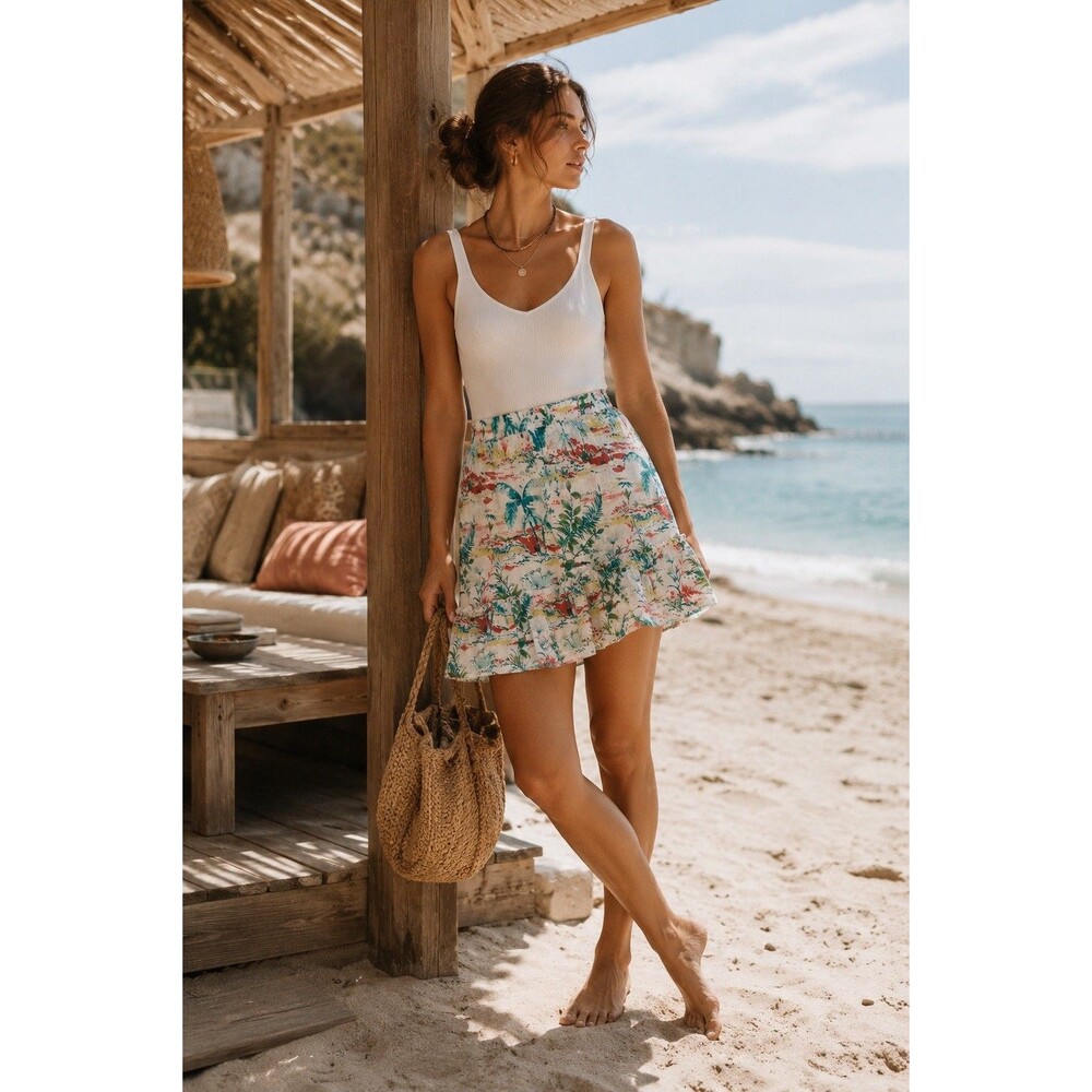SIGRID‎ OLSEN New MEDIUM Skirt Tropical Ruffle Palm Trees Floral 100% Cotton